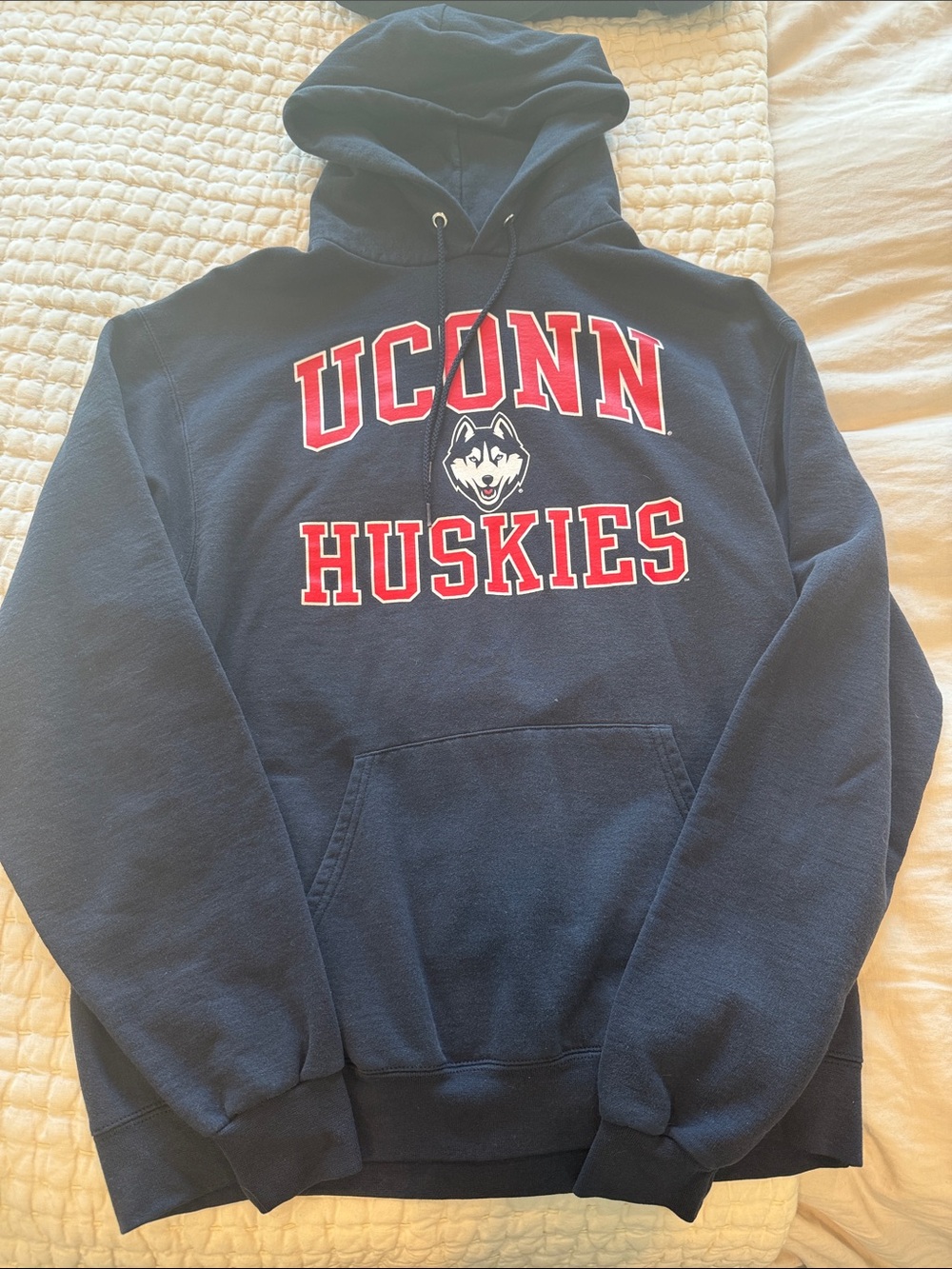 Champion Navy Blue UConn Huskies Crewneck Hoodie with Red Lettering
